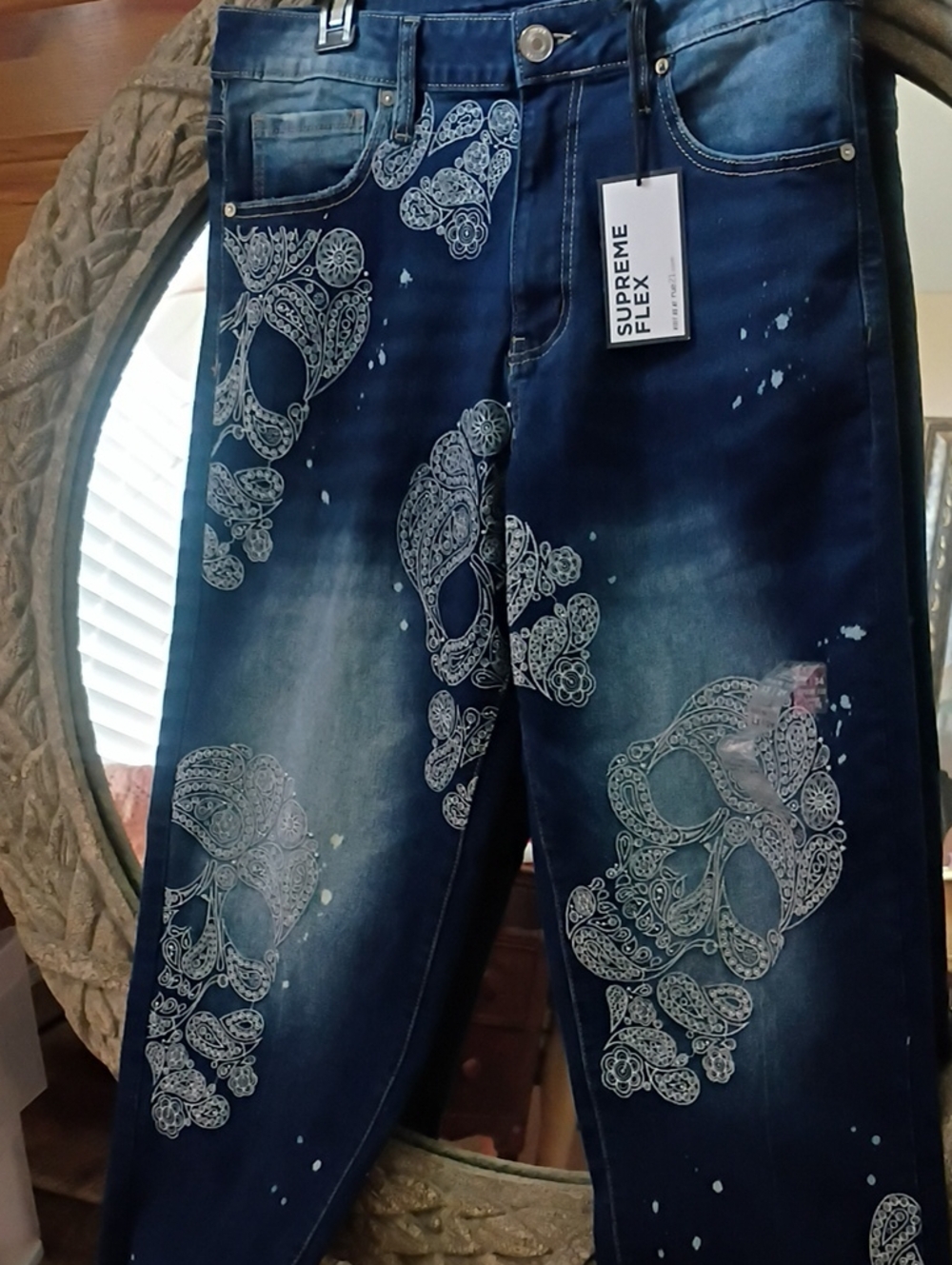 Supreme Dark Blue Paisley Skull-Print Slim Jeans